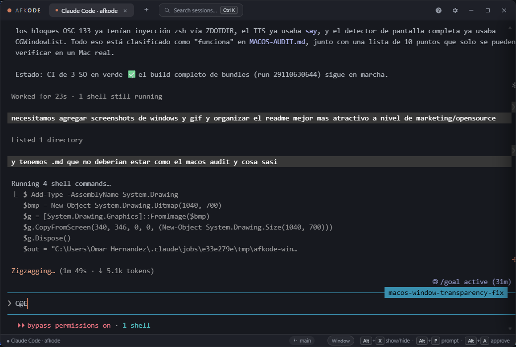 AFKode supervising a live Claude Code session, with tabs, command blocks, git footer and hotkey hints